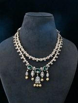Two Line Emerald and Kundan Polki Gold Plated Sterling Silver Necklace