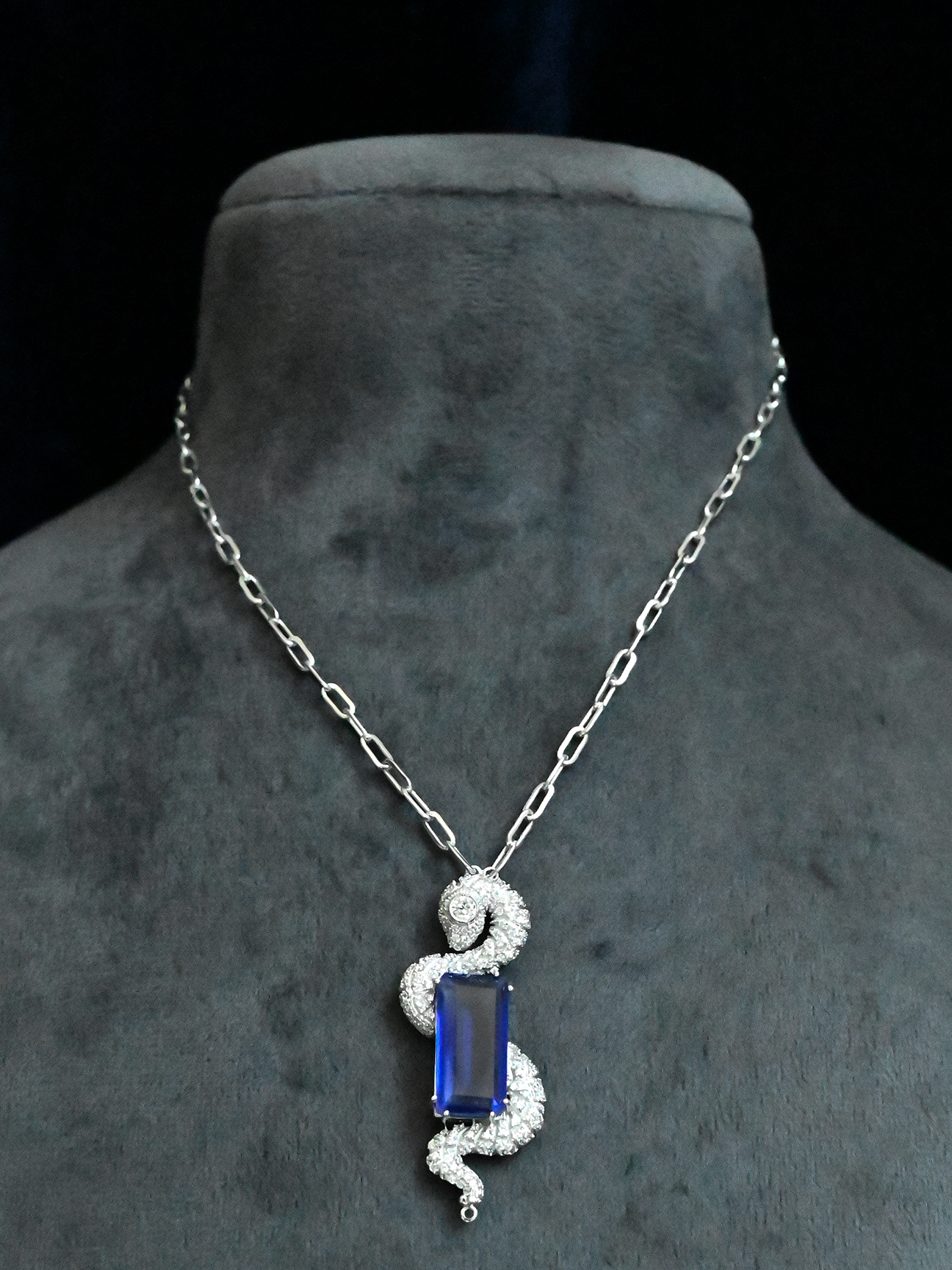 Snake Designer Blue Sapphire Baguette Sterling Silver Necklace