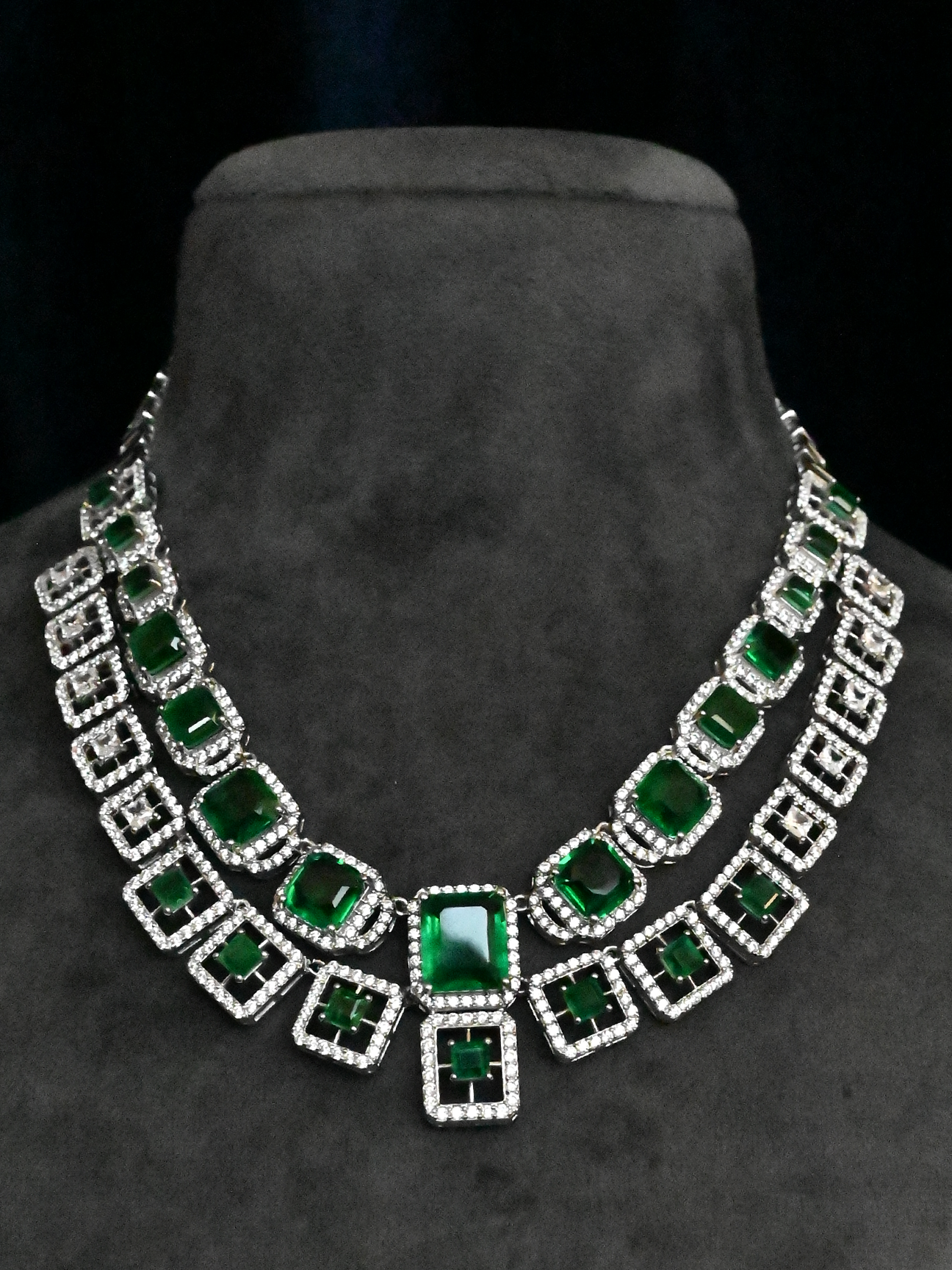 Geometric Designer Emerald Sterling Silver Necklace
