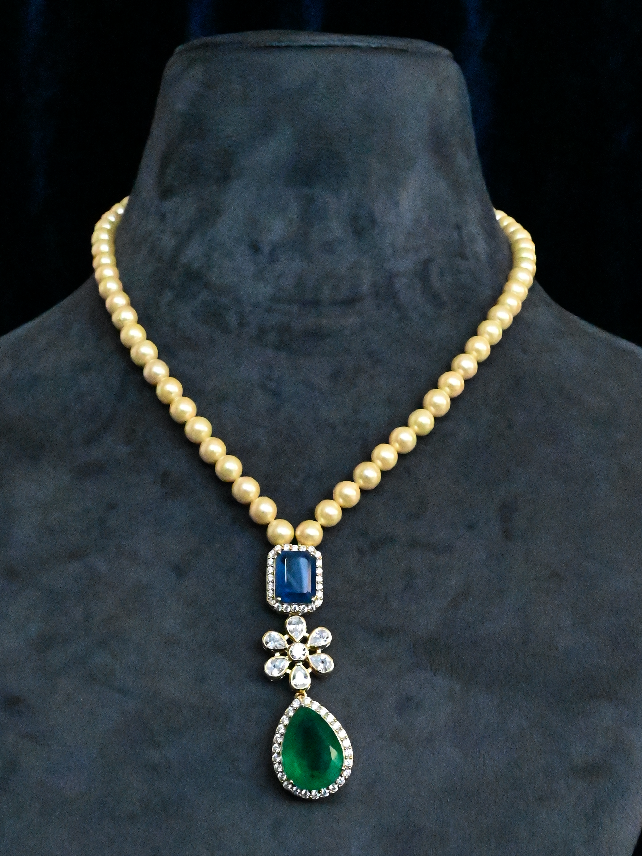 Precious Style Blue Sapphire and Emerald Gold Plated Sterling Silver Necklace