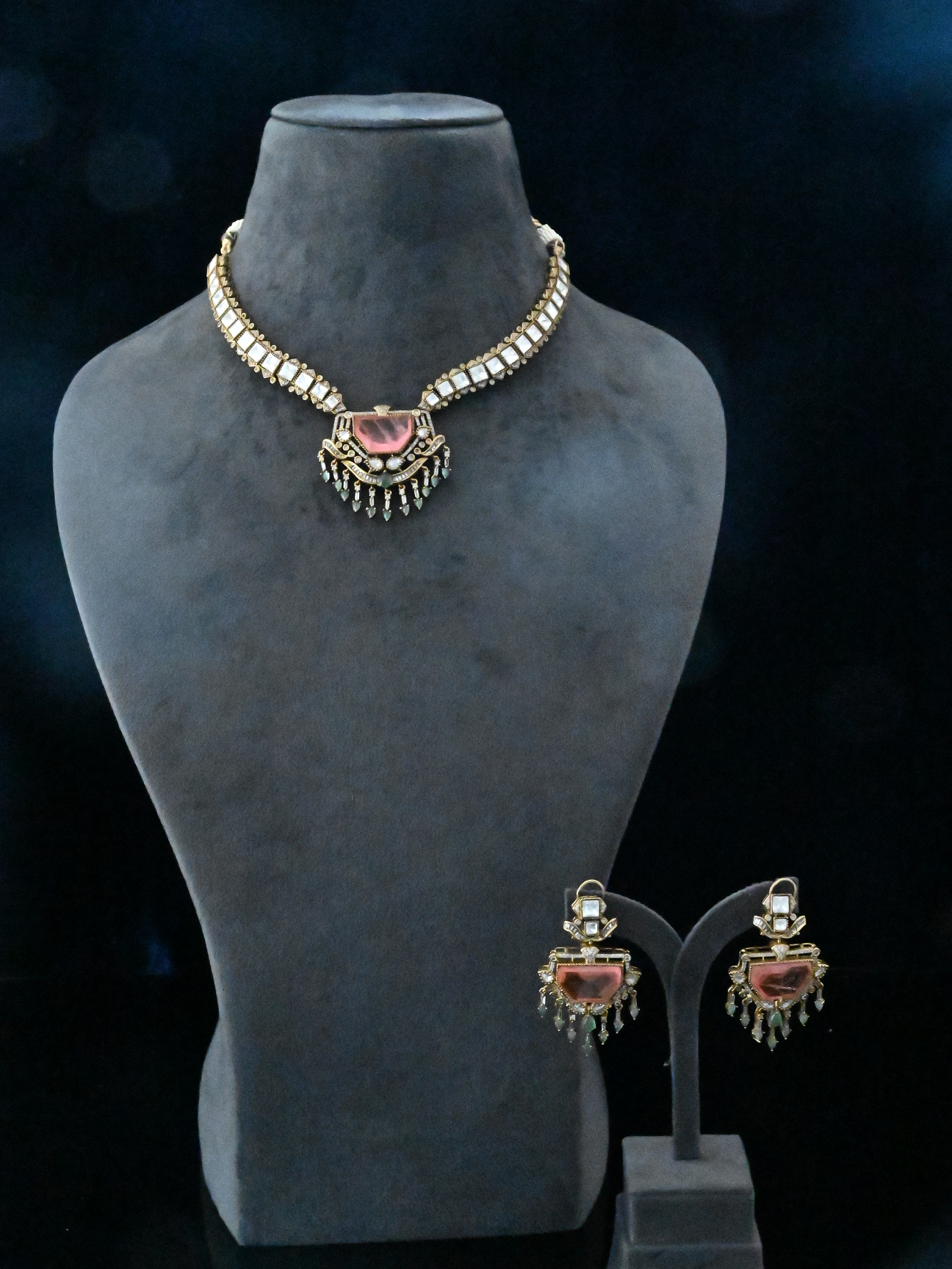 Fancy Orange Stone and Kundan Polki Gold Plated Sterling Silver Necklace Set