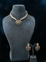 Fancy Orange Stone and Kundan Polki Gold Plated Sterling Silver Necklace Set