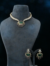 Fancy Emerald and Kundan Polki Gold Plated Sterling Silver Necklace Set