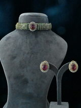Ruby Cab and Emerald Gold Plated Sterling Silver Choker Necklace Set