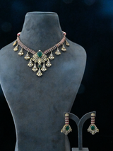 Designer Emerald and Ruby Gold Plated Kundan Polki Sterling Silver Necklace Set