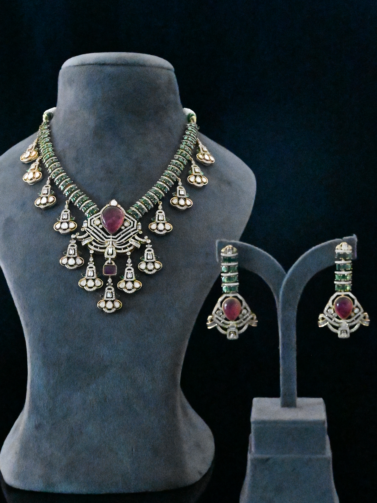 Designer Ruby and Emerald Gold Plated Kundan Polki Sterling Silver Necklace Set