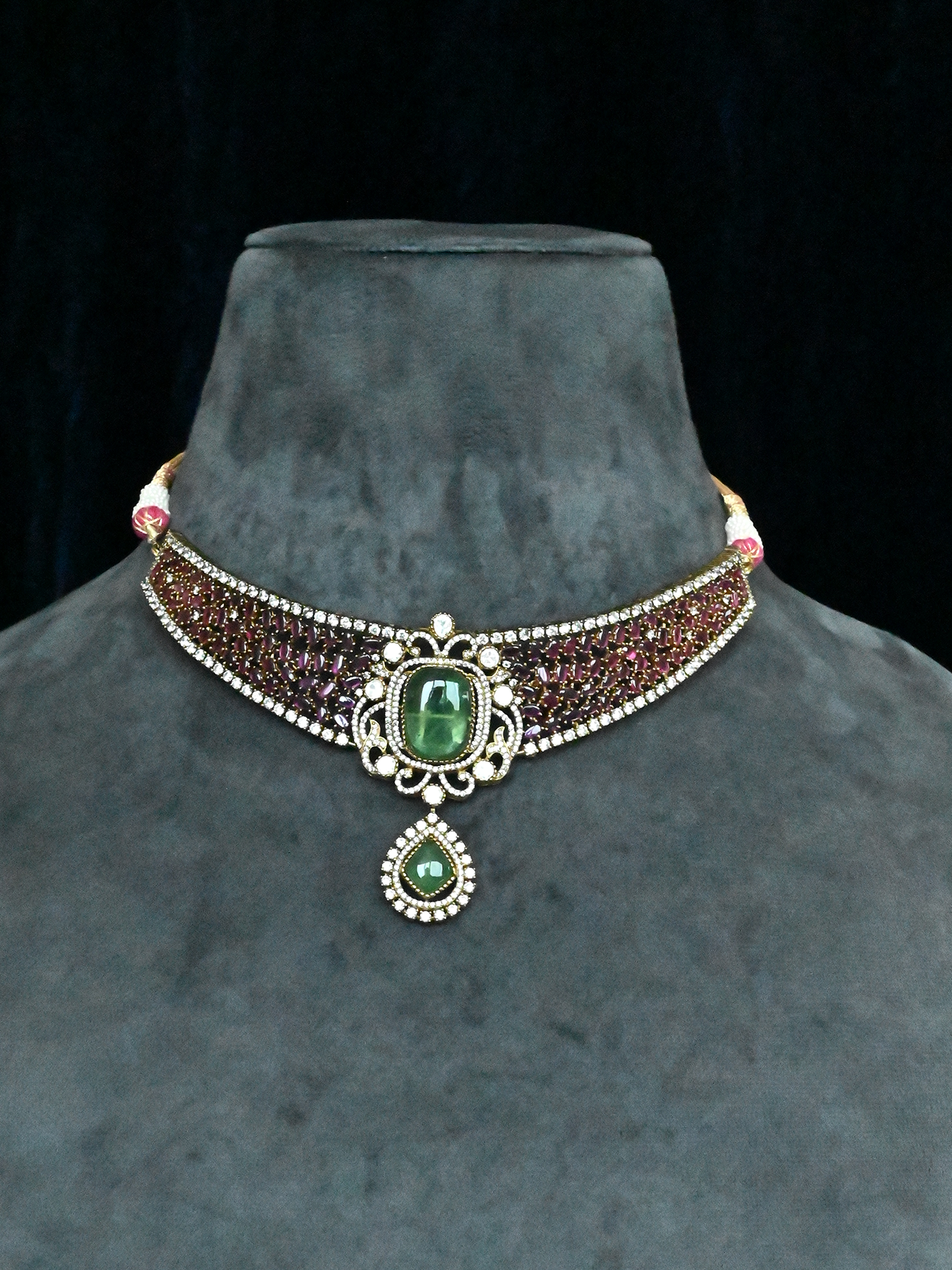 Designer Emerald and Ruby Gold Plated Kundan Polki Sterling Silver Necklace Set