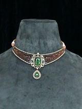 Designer Emerald and Ruby Gold Plated Kundan Polki Sterling Silver Necklace Set