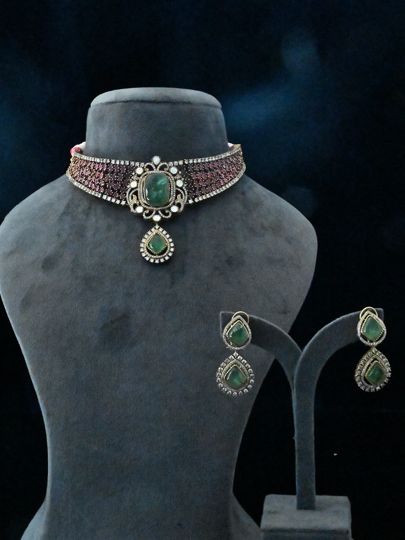 Designer Emerald and Ruby Gold Plated Kundan Polki Sterling Silver Necklace Set