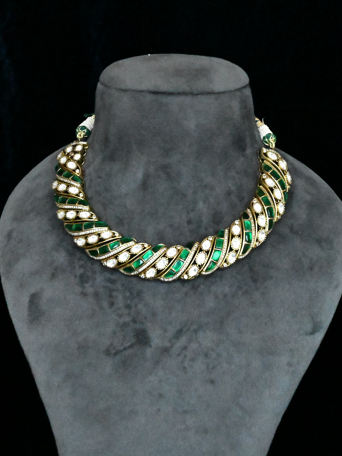 Green Husli Style Design Kundan Polki Gold Plated Sterling Silver Necklace Set