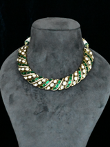Green Husli Style Design Kundan Polki Gold Plated Sterling Silver Necklace Set