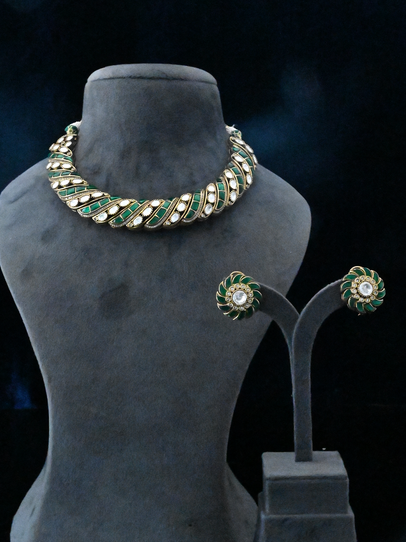 Green Husli Style Design Kundan Polki Gold Plated Sterling Silver Necklace Set