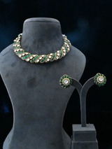 Green Husli Style Design Kundan Polki Gold Plated Sterling Silver Necklace Set