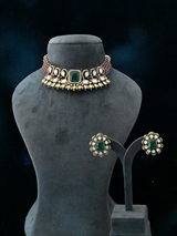 Emerald Kundan Polki and Ruby Gold Plated Sterling Necklace Set