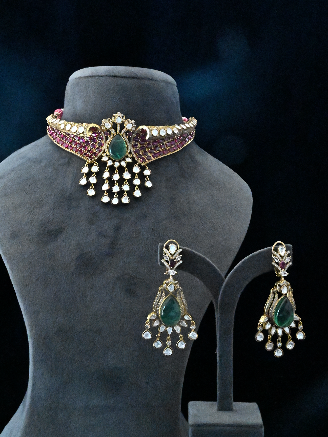 Designer Emerald and Ruby Gold Plated Kundan Polki Sterling Silver Necklace Set