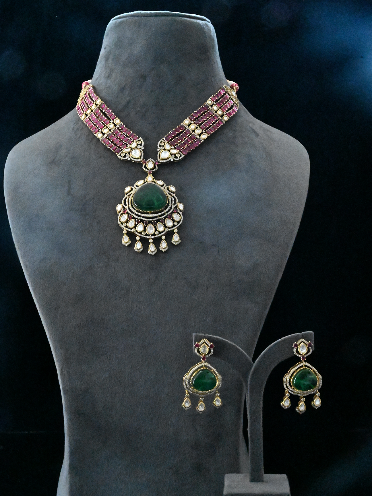 Designer Emerald and Ruby Gold Plated Kundan Polki Sterling Silver Necklace Set