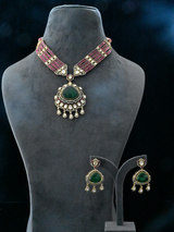 Designer Emerald and Ruby Gold Plated Kundan Polki Sterling Silver Necklace Set