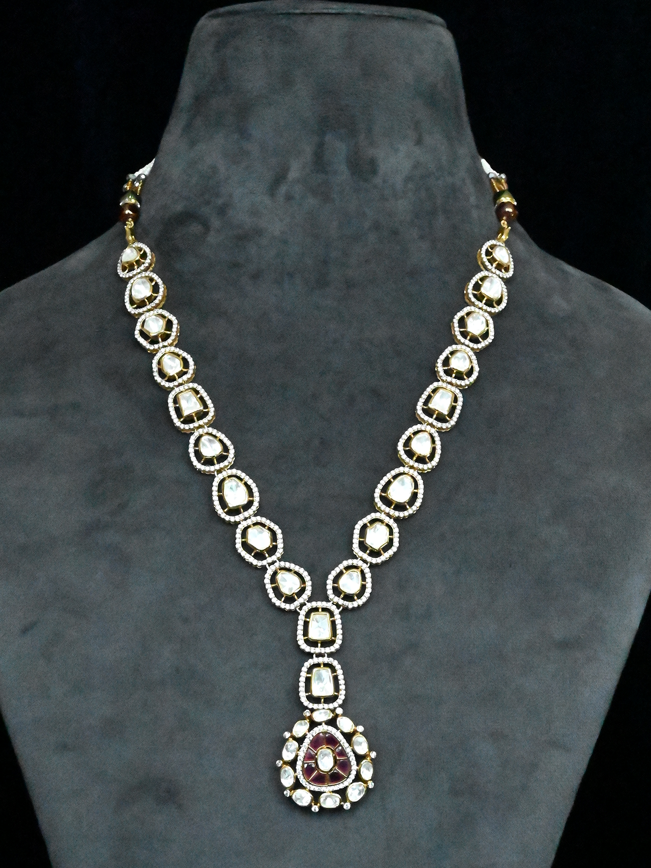 Unshape Kundan Polki and Hand cut Red Talfe Two Tone Gold Plated Sterling Silver Necklace
