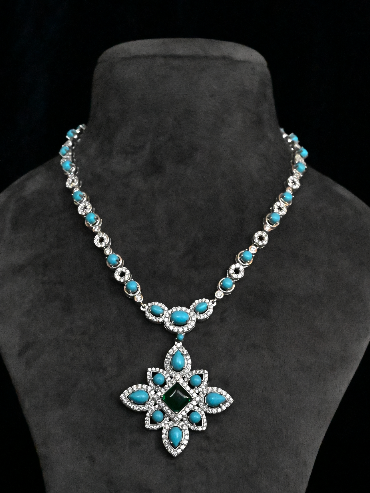 Turquoise and American Diamond Stone Studded Designer Silver Necklace Set