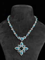 Turquoise and American Diamond Stone Studded Designer Silver Necklace Set