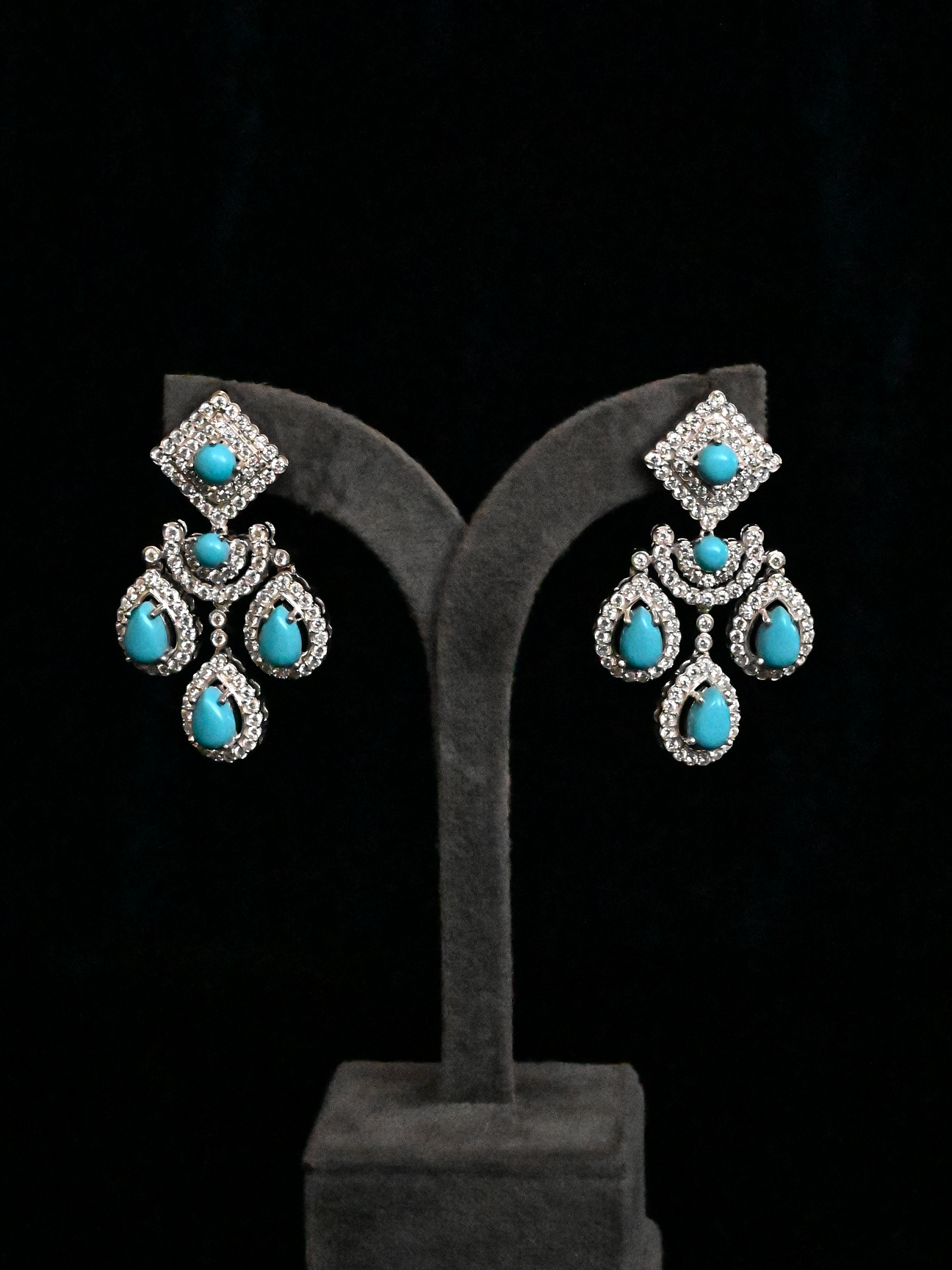 Turquoise and American Diamond Stone Studded Designer Silver Necklace Set