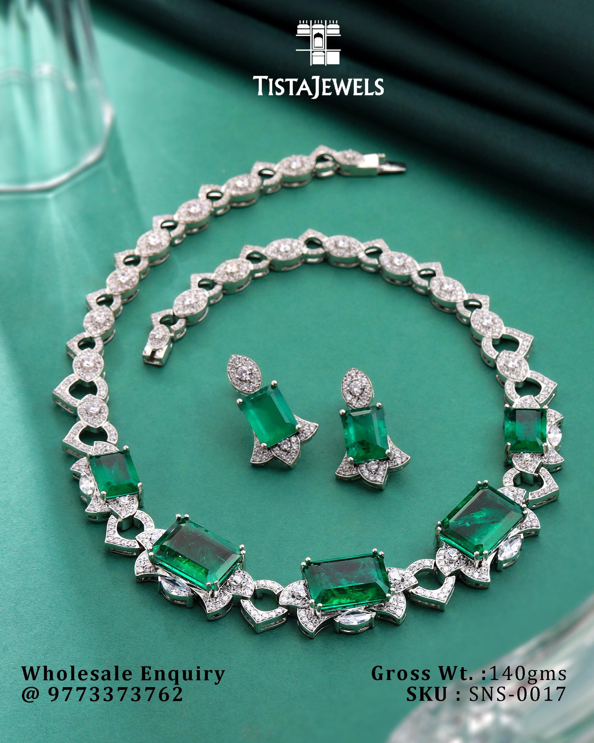 Green Stone Studded Exclusive Designer Silver Necklace Set