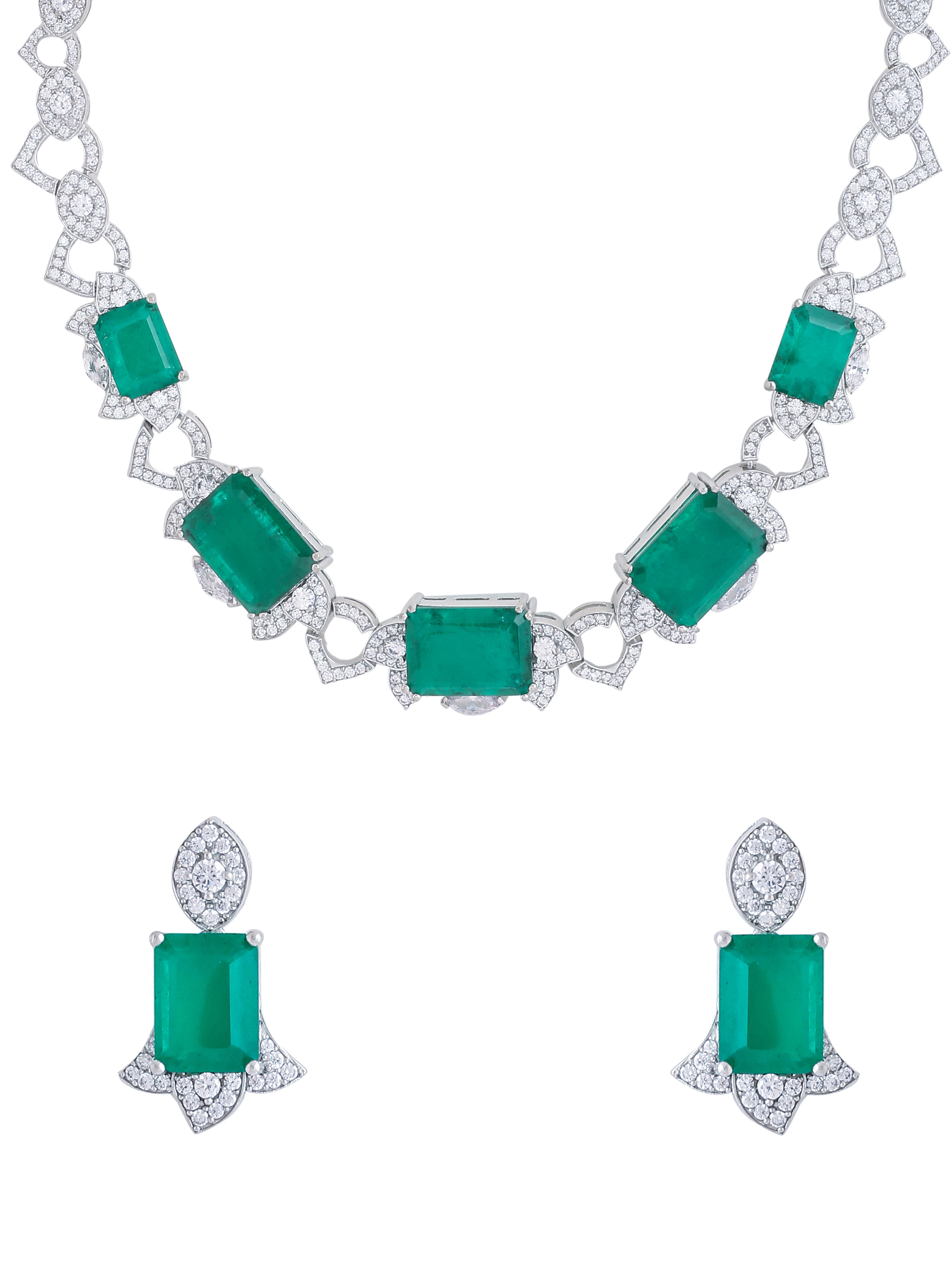 Green Stone Studded Exclusive Designer Silver Necklace Set