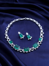 Green Stone Studded Exclusive Designer Silver Necklace Set