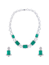 Green Stone Studded Exclusive Designer Silver Necklace Set