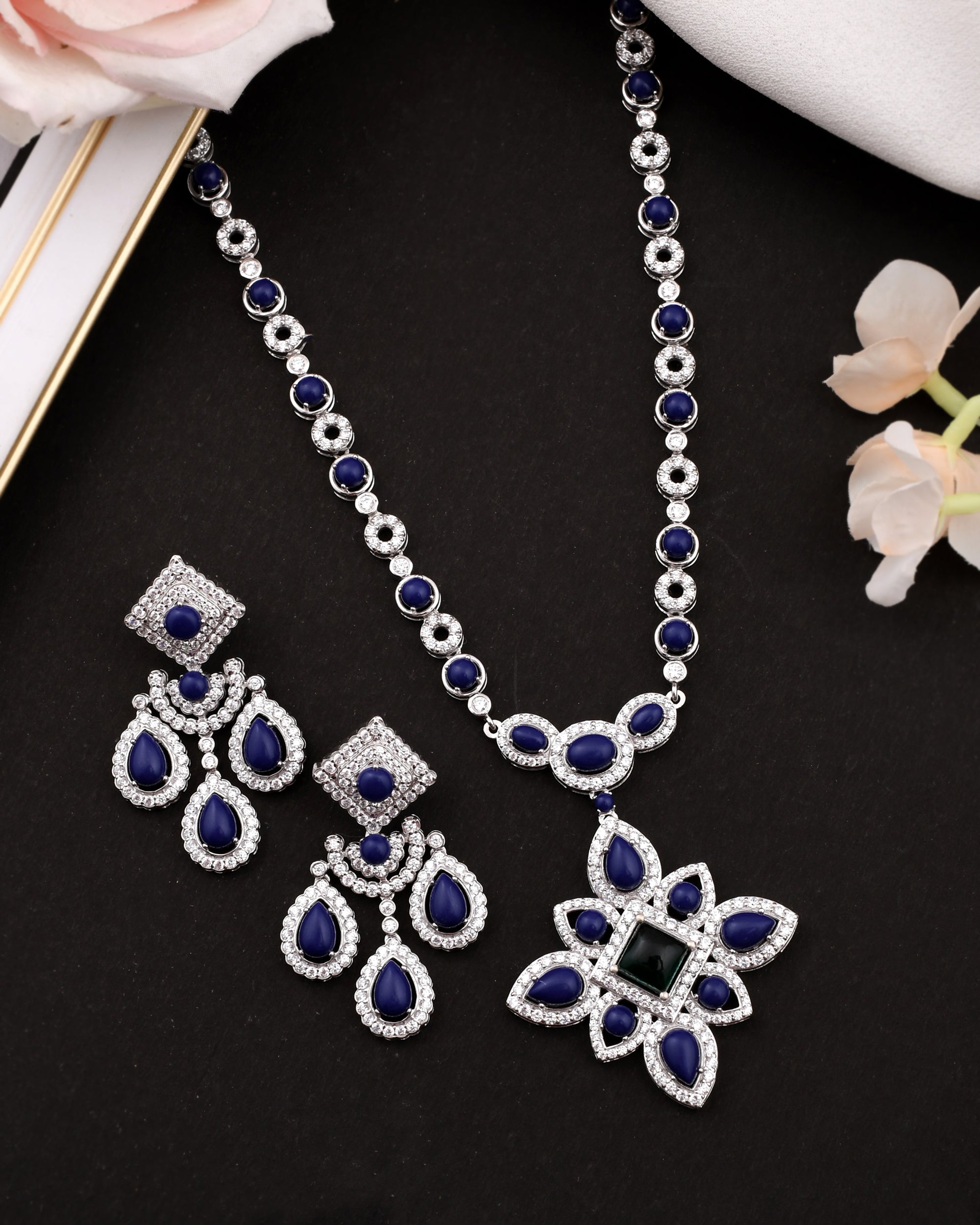 Designer Lapis Stone Silver Necklace Set