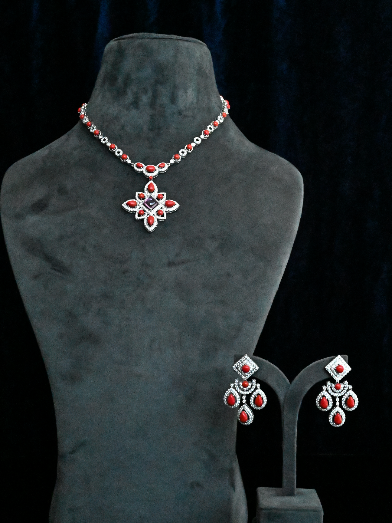 Designer Red Coral Stone Silver Necklace Set