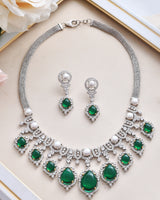 Designer Pearls and Emerald Green Gemstone Studded Silver Necklace Set