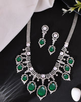 Designer Pearls and Emerald Green Gemstone Studded Silver Necklace Set