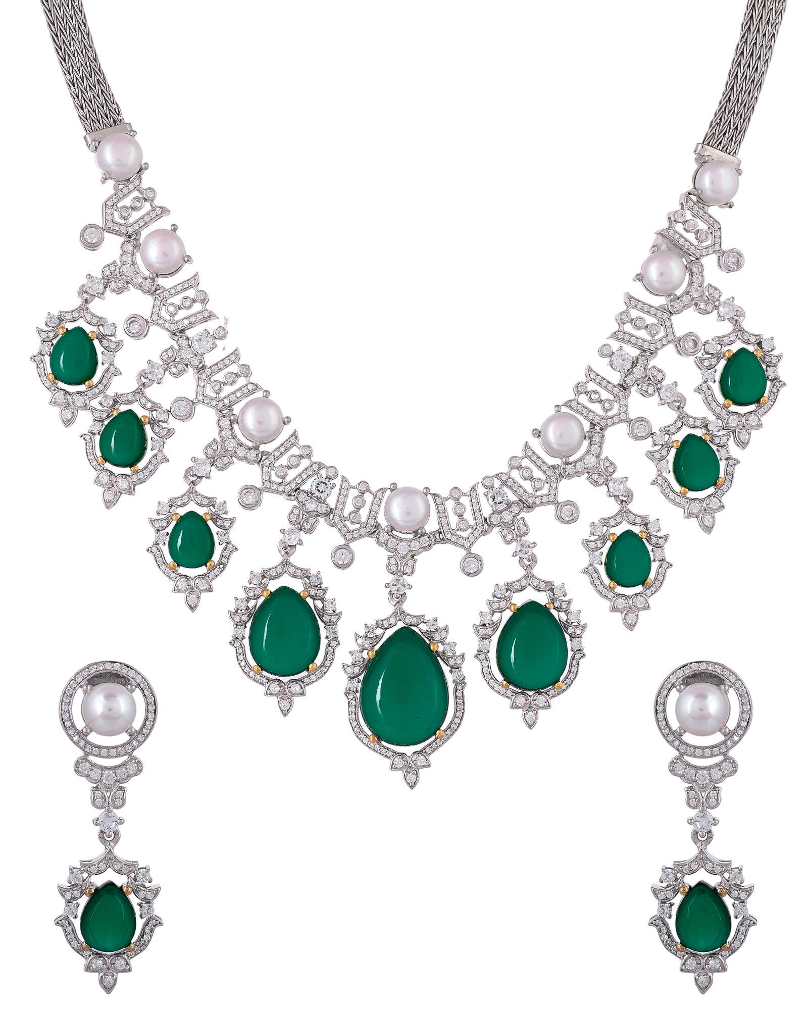Designer Pearls and Emerald Green Gemstone Studded Silver Necklace Set