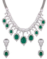 Designer Pearls and Emerald Green Gemstone Studded Silver Necklace Set