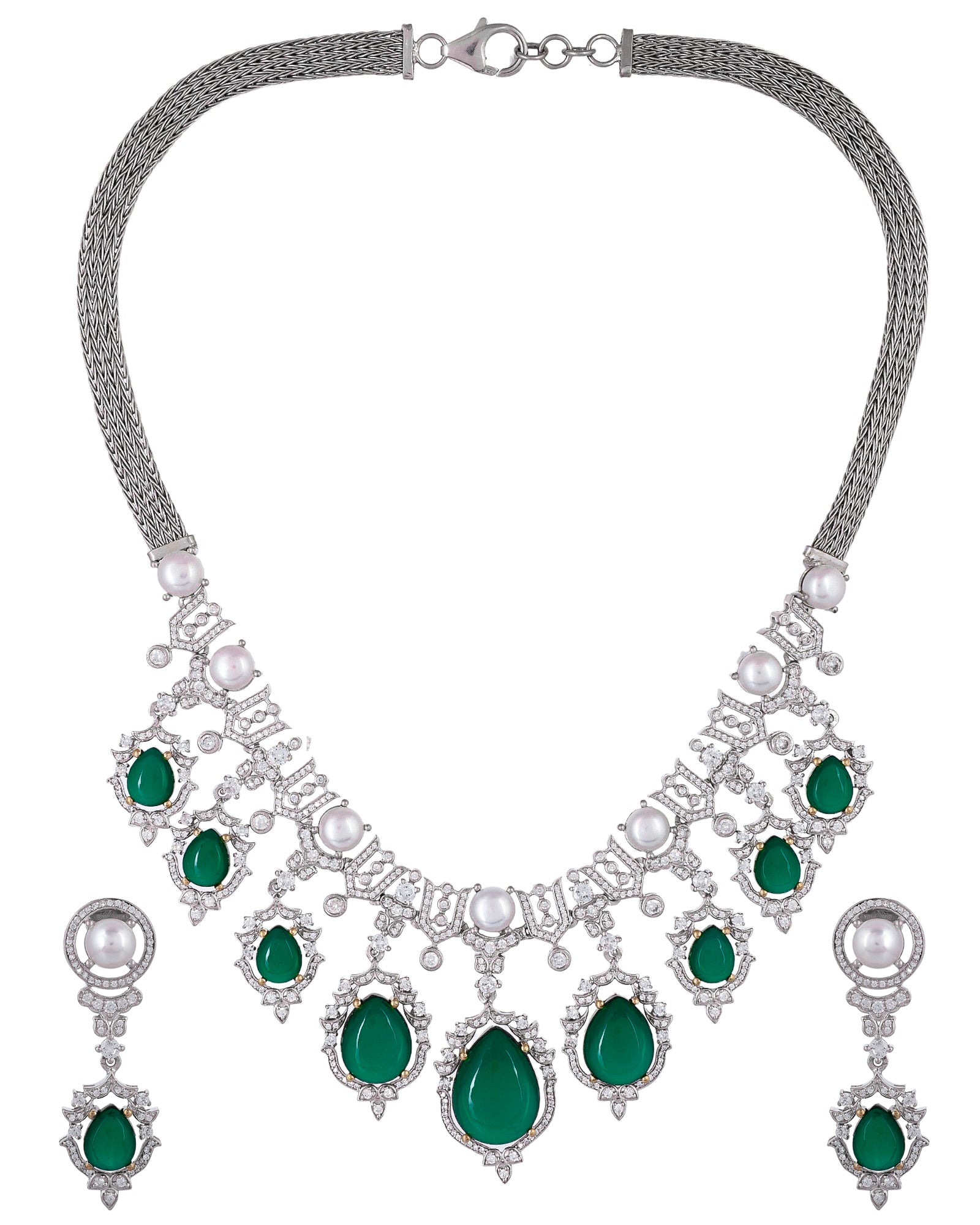 Designer Pearls and Emerald Green Gemstone Studded Silver Necklace Set