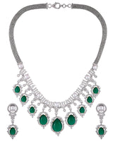 Designer Pearls and Emerald Green Gemstone Studded Silver Necklace Set