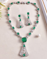 Designer Green Stone Studded Silver Necklace Set