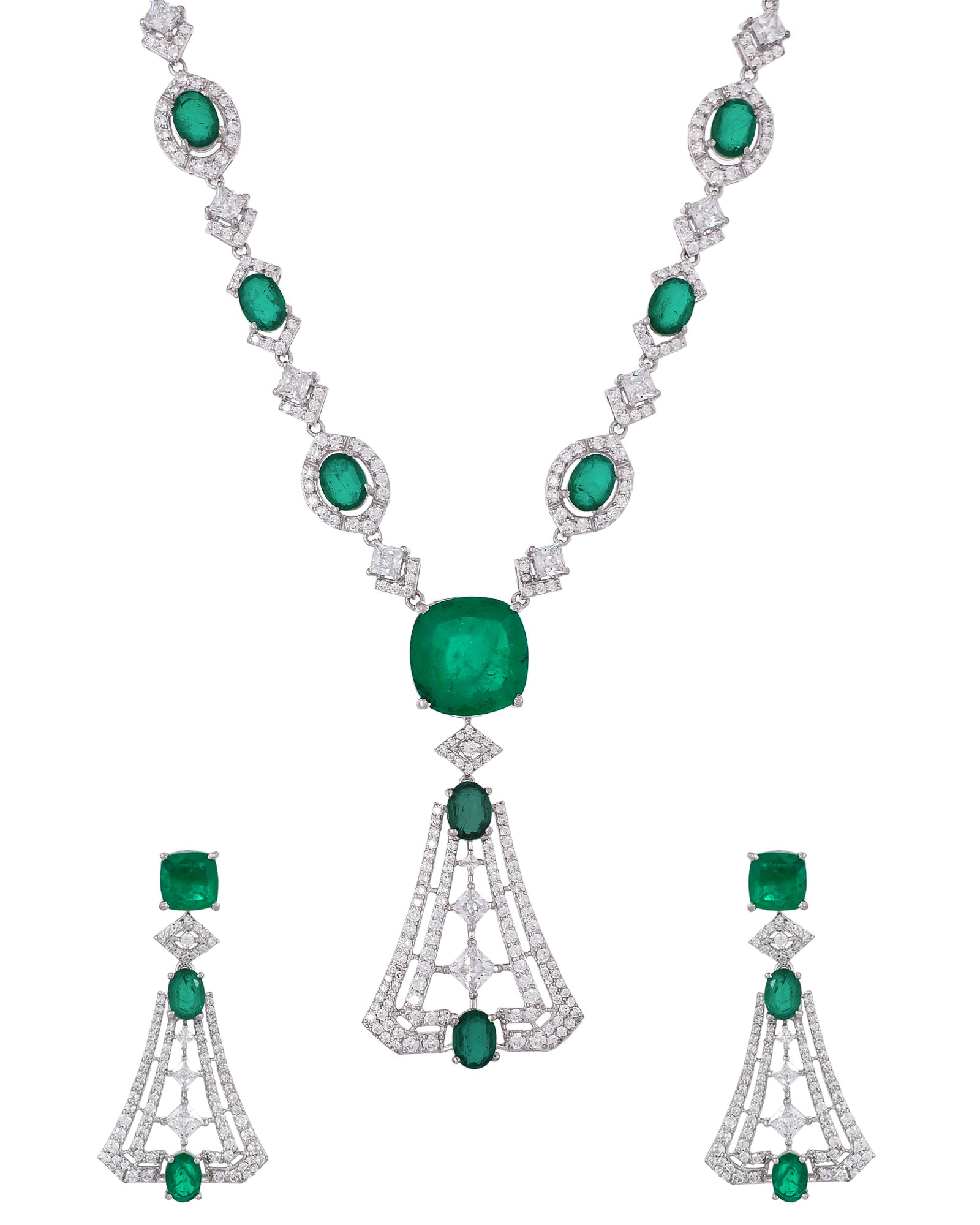 Designer Green Stone Studded Silver Necklace Set
