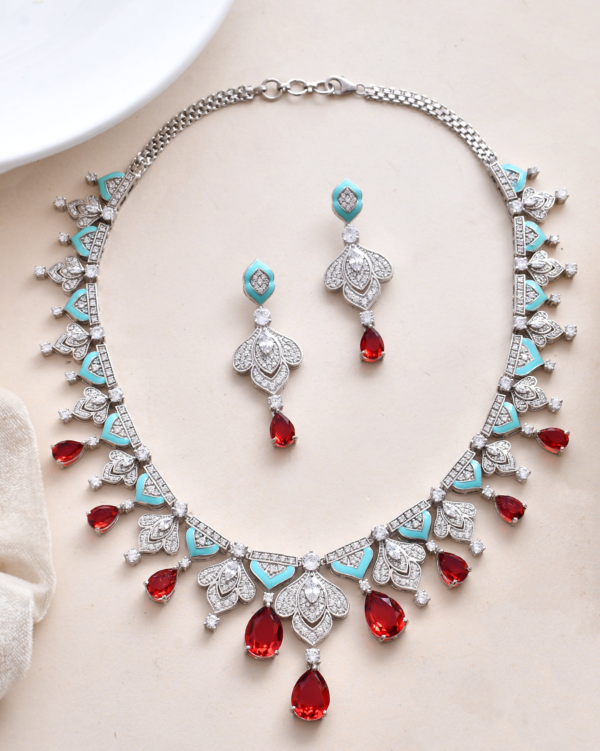 Designer Turquoise Blue Enamel and Red Drops Sterling Silver Necklace Set