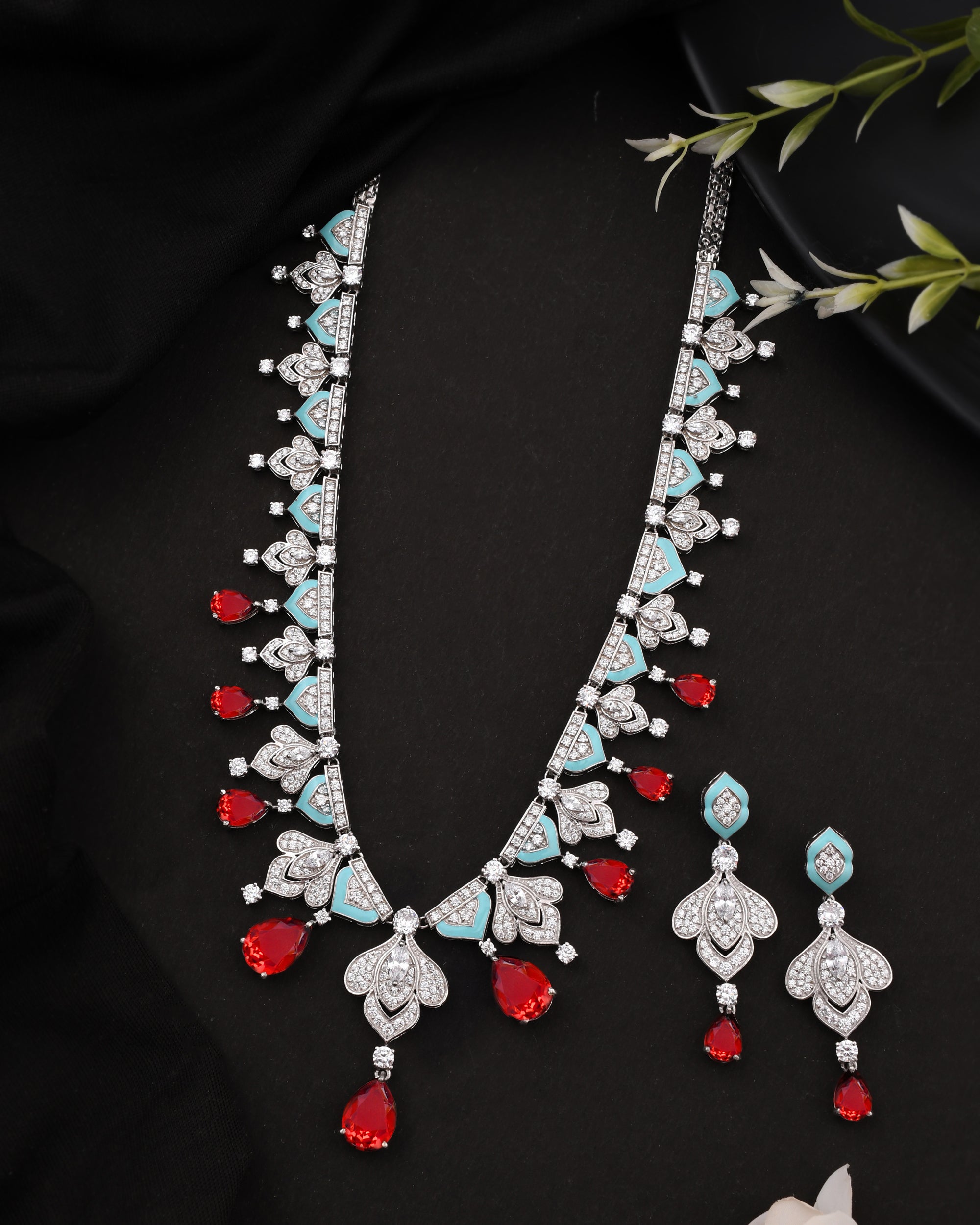 Designer Turquoise Blue Enamel and Red Drops Sterling Silver Necklace Set