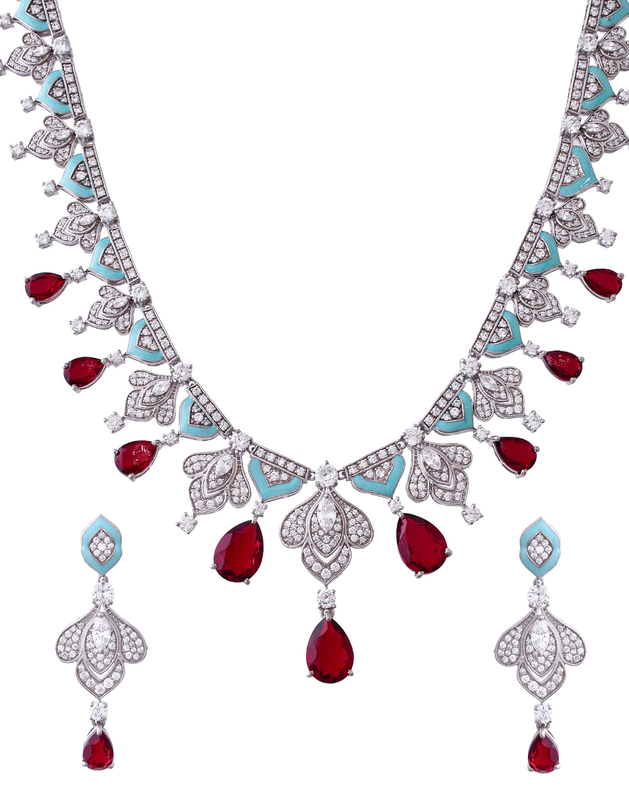 Designer Turquoise Blue Enamel and Red Drops Sterling Silver Necklace Set