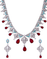 Designer Turquoise Blue Enamel and Red Drops Sterling Silver Necklace Set