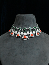 Designer Coral and Green Stone Black Enamelled Sterling Silver Necklace Set