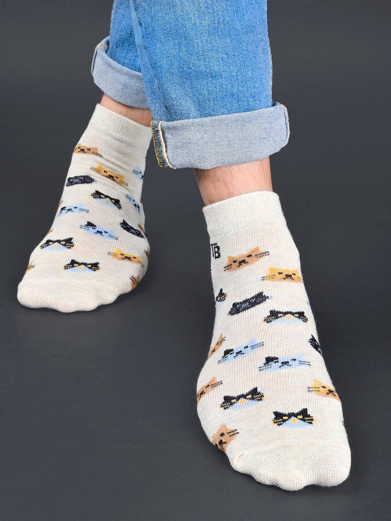 Cat Printed White Ankle-Length Unisex Pack of 1 Socks - Tistabene