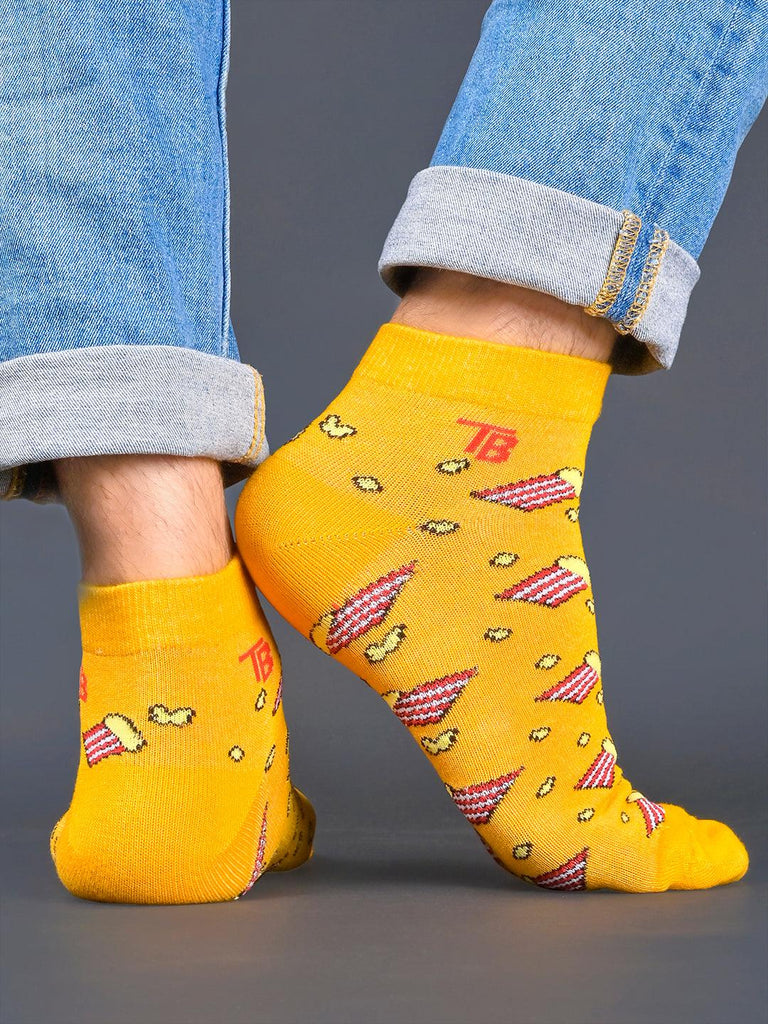 Popcorn Printed Yellow Ankle-Length Unisex Pack of 1 Socks - Tistabene