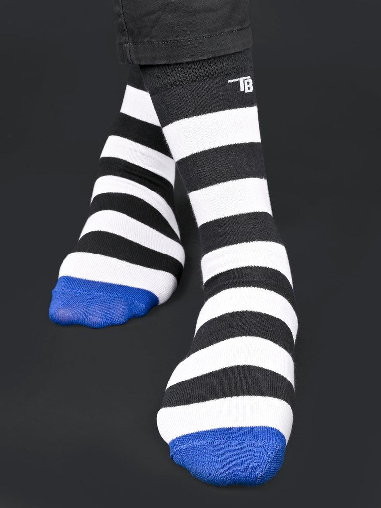 Striped Printed Black and White Ankle-Length Unisex Pack of 1 Socks - Tistabene