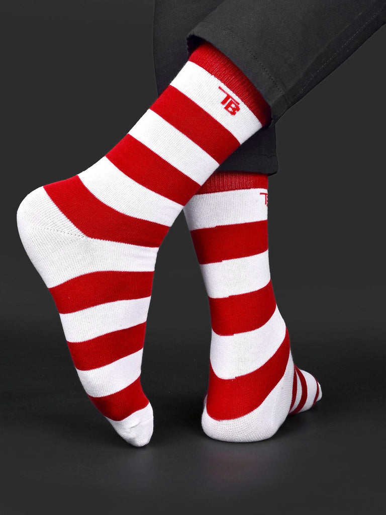 Striped Printed Red and White Ankle-Length Unisex Pack of 1 Socks - Tistabene