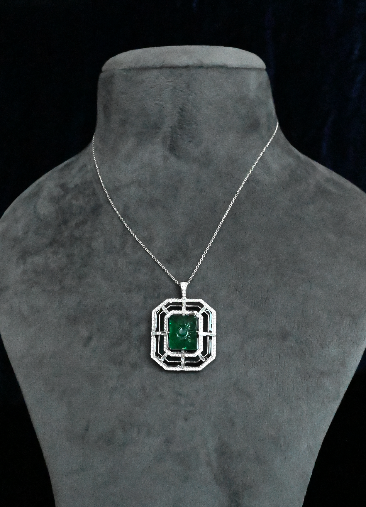 Art Deco Emerald Carving and Black Enamel Sterling Silver Pendant