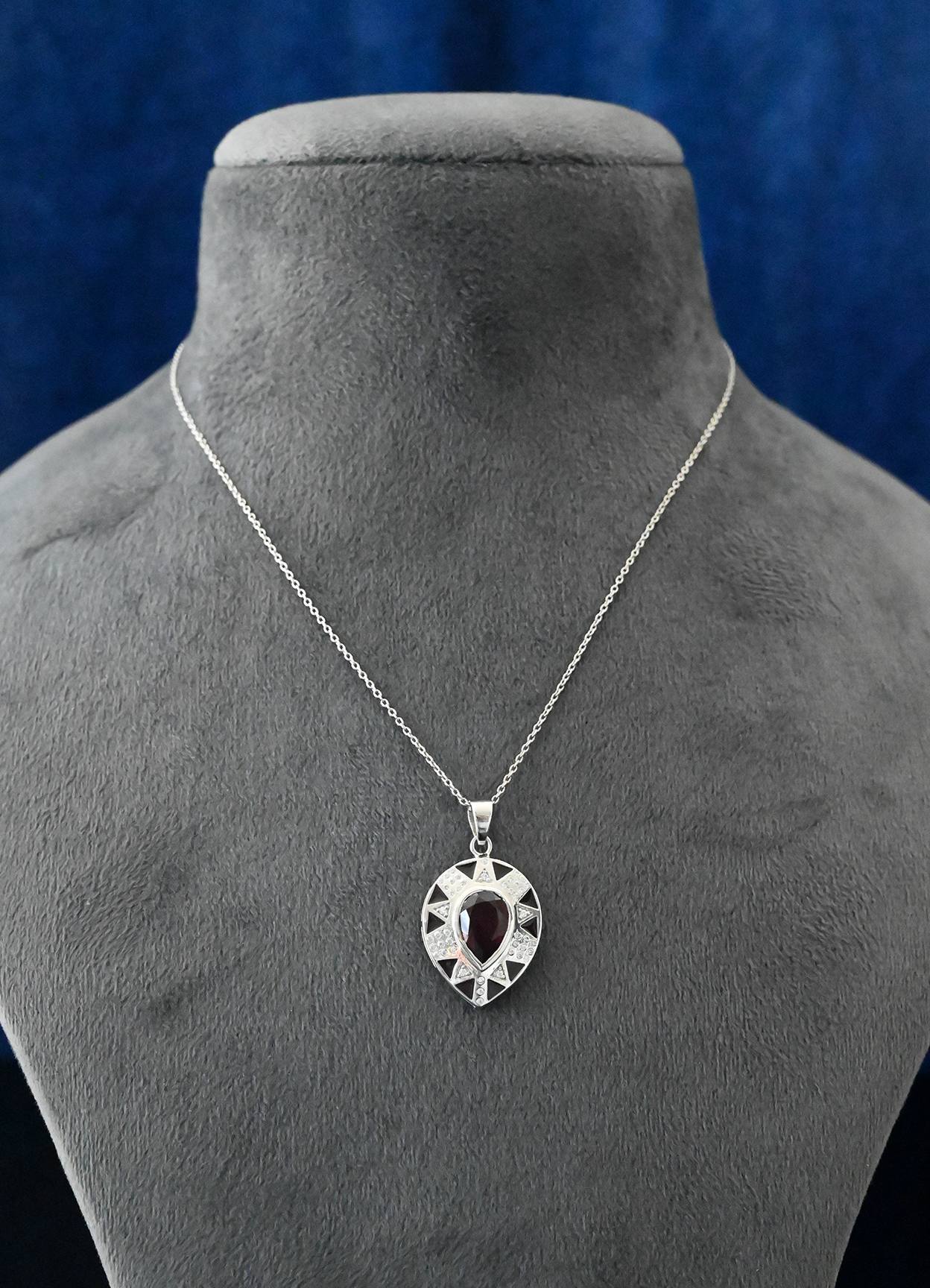 Designer Rhodolite Studded Red Enamel Sterling Silver Pendant